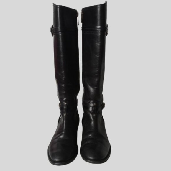 TORY BURCH LOGO CALISTA BLACK LEATHER KNEE HIGH EQUESTRIAN RIDING BOOTS 7.5 - Picture 5 of 10